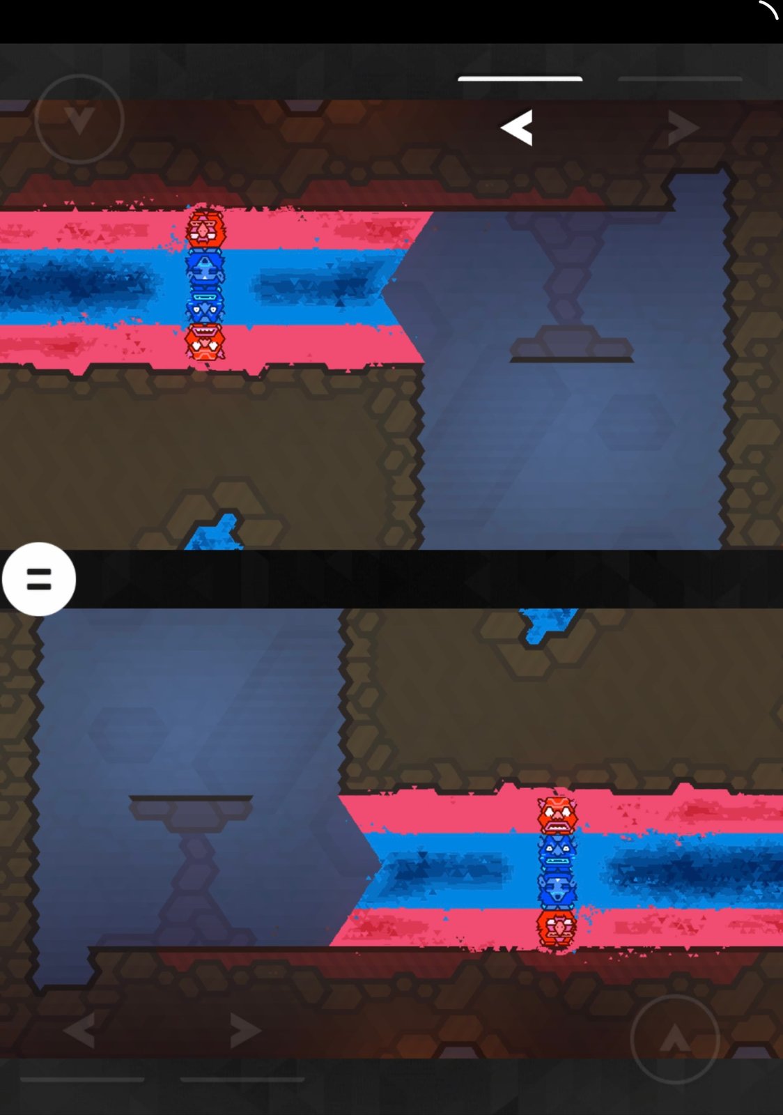 Four totems stacked across a red and blue wall, the touch buttons visible at the edges