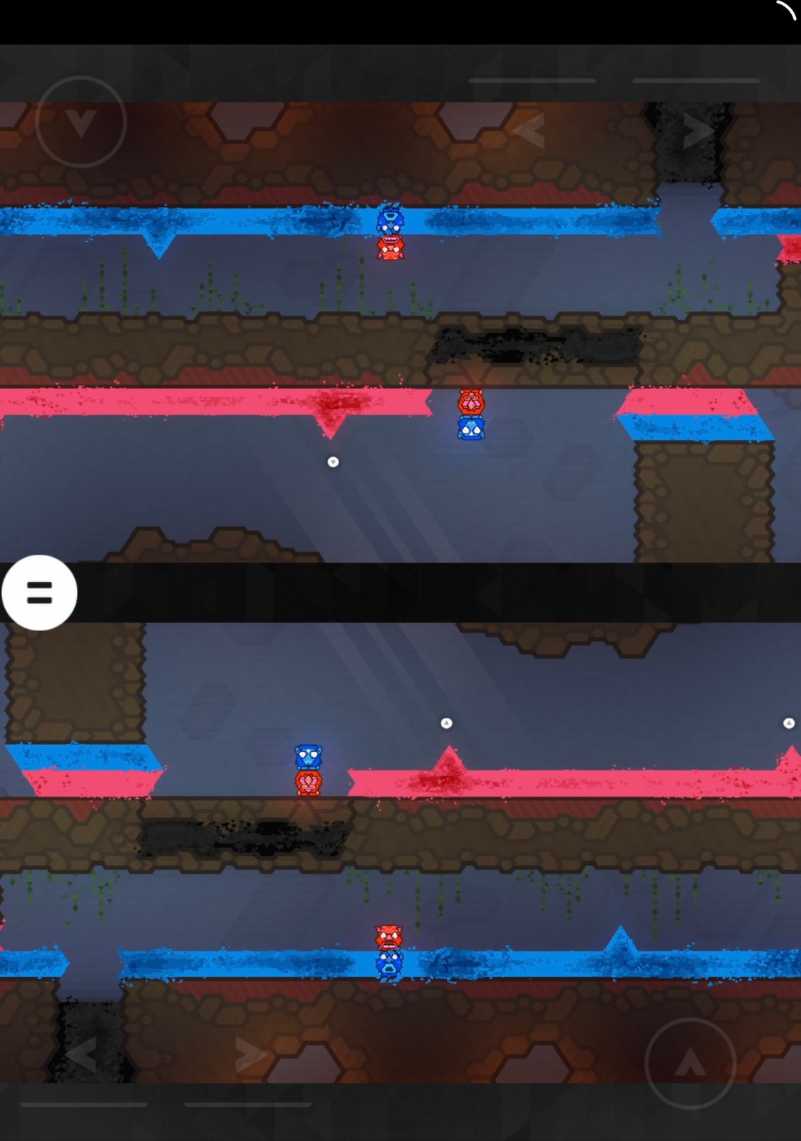 Totems spread across red and blue walls, each player handling two at once