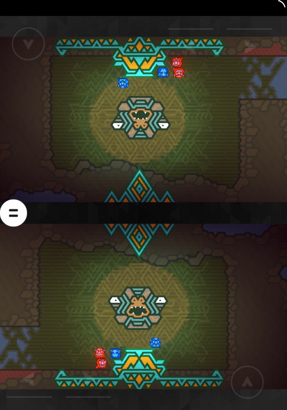 A colourful totem shrine at the end of a level, all four totems gathered on both halves