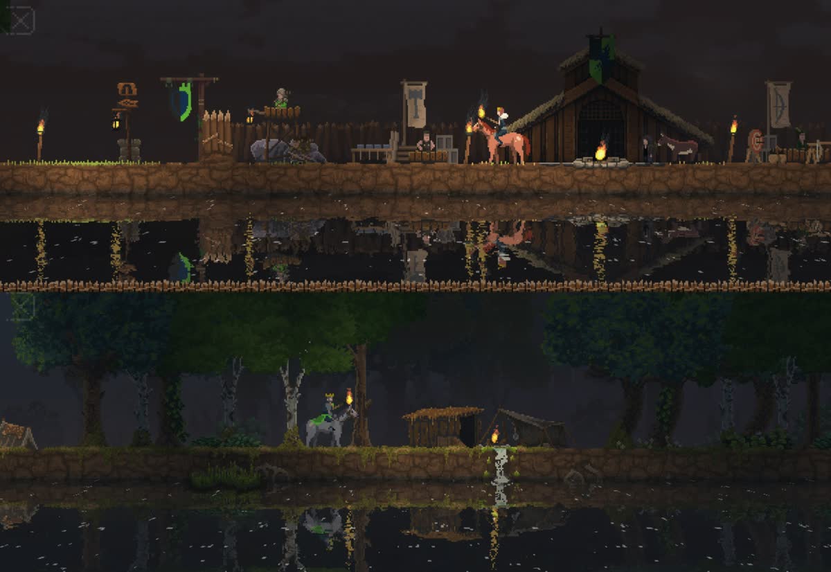 Kingdom Two Crowns in split screen on one iPad: one monarch at the town by night, the other riding through the forest