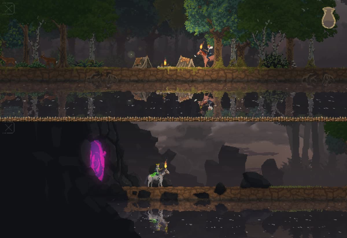 Split screen with the monarchs far apart: one passes a forest camp, the other reaches a glowing portal in a cave