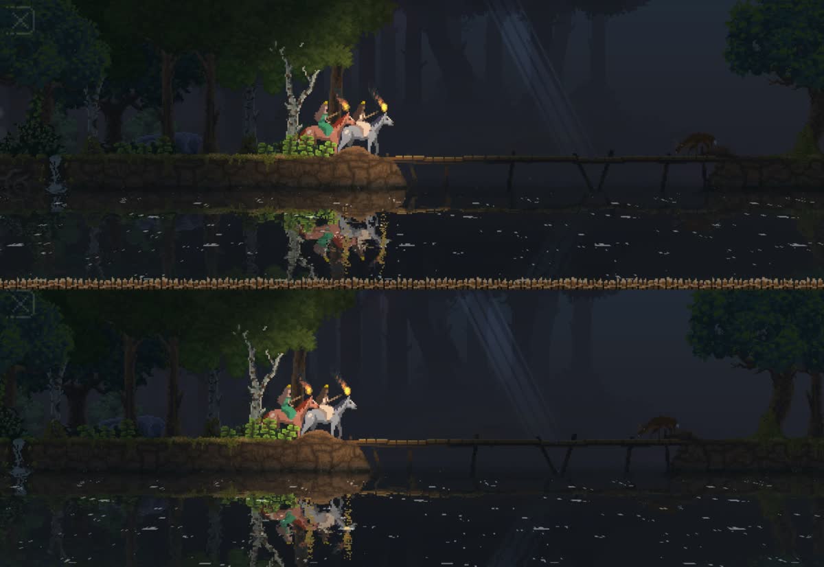 Both monarchs riding side by side at a river bridge, shown in both halves of the split screen