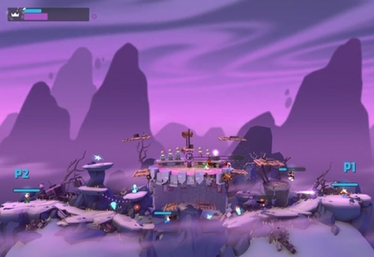 LEGO Brawls on a misty purple map, the camera zoomed out so P1 and P2 are both in view at opposite ends