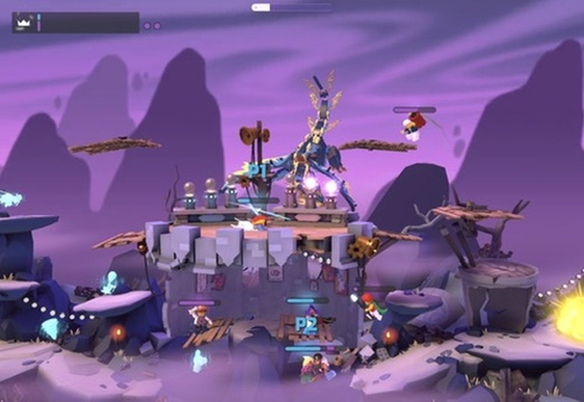 P1 and P2 fighting on top of a stone castle while a big winged robot attacks from above