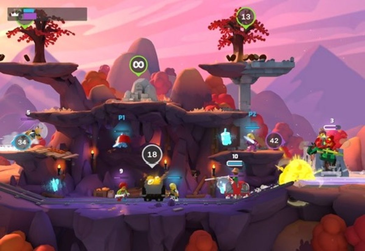 Base Race on a sunset map, P1 and P2 on the same team pushing a mine cart through the middle of the level