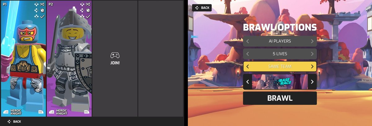 Two LEGO Brawls screens side by side: P1 and P2 joined with their minifigures, then the brawl options with Same Team selected
