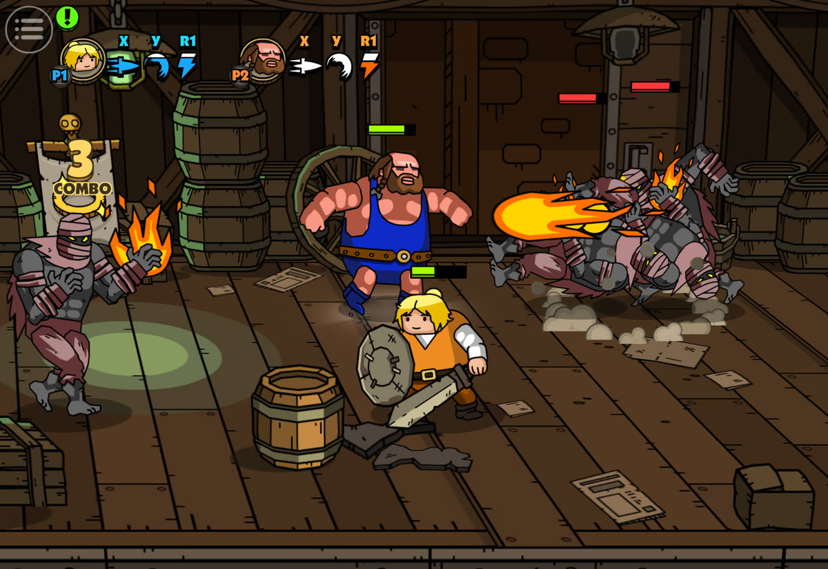 Maximus 2 co-op on one iPad: the blond swordsman and the big bearded brawler, marked P1 and P2, fight wrapped warriors in a barn