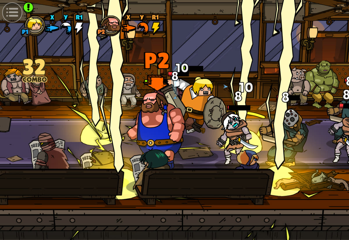 A 32 hit combo on a crowded train, lightning strikes everywhere as both players fight a horde