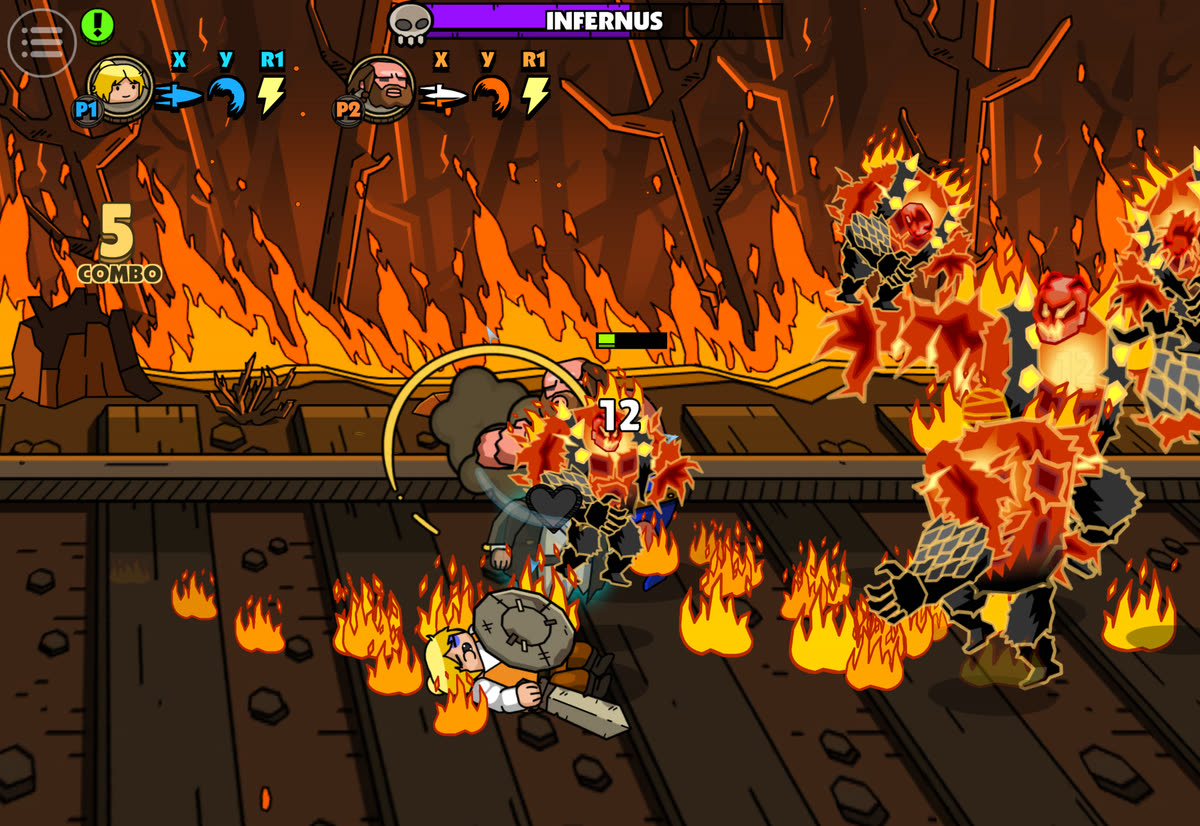 Boss fight against Infernus in a burning forest, flaming demons on the right
