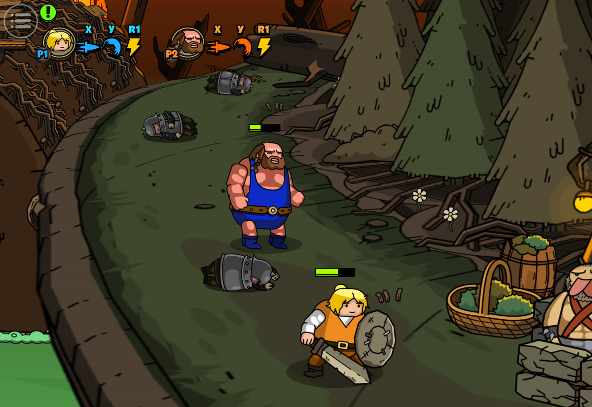 A quiet moment on a forest path after the fight, defeated soldiers on the ground