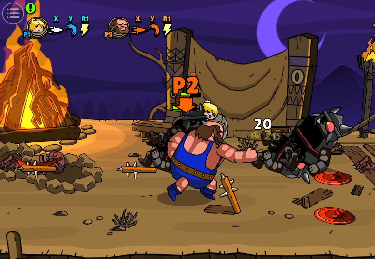Further into the game: the brawler grabs an armoured soldier by a campfire at night while the swordsman is caught in a headlock