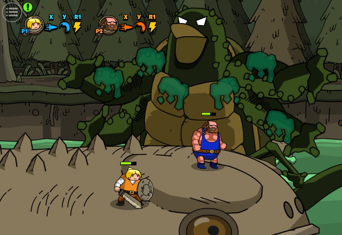 Both players on a giant creature's back in a swamp, a huge moss-covered monster rising behind them