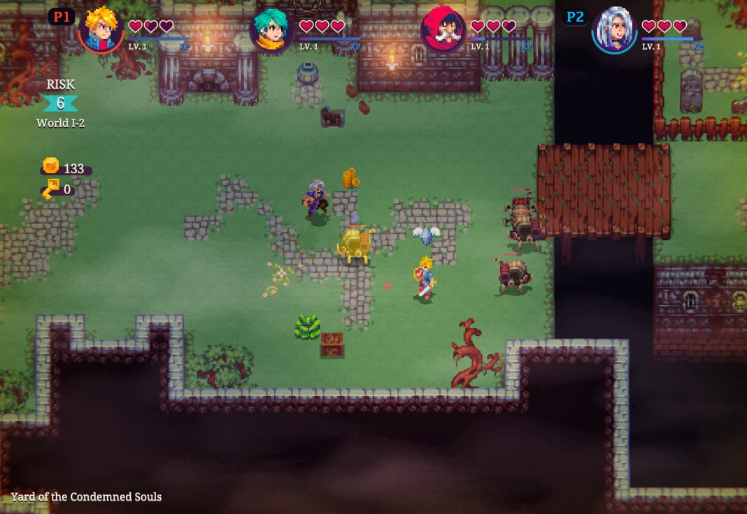Oceanhorn: Chronos Dungeon with two players, P1 and P2 marked among the four heroes at the top, exploring the Yard of the Condemned Souls