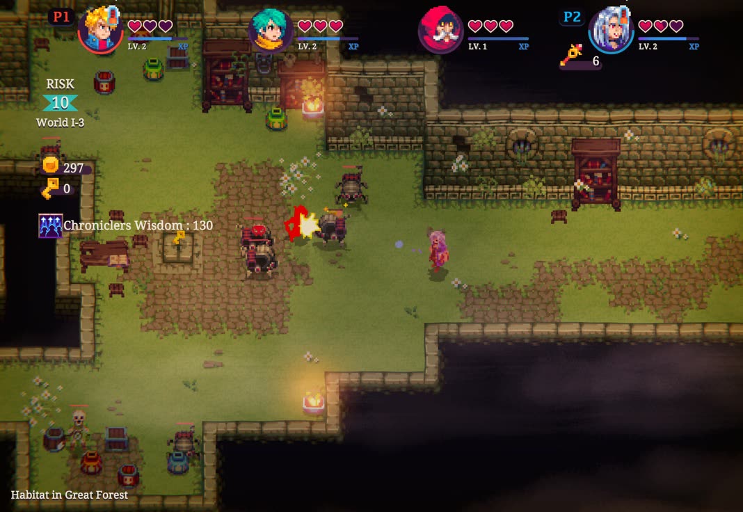 Both players fighting spiders in the Great Forest, a combo hit flashing on screen
