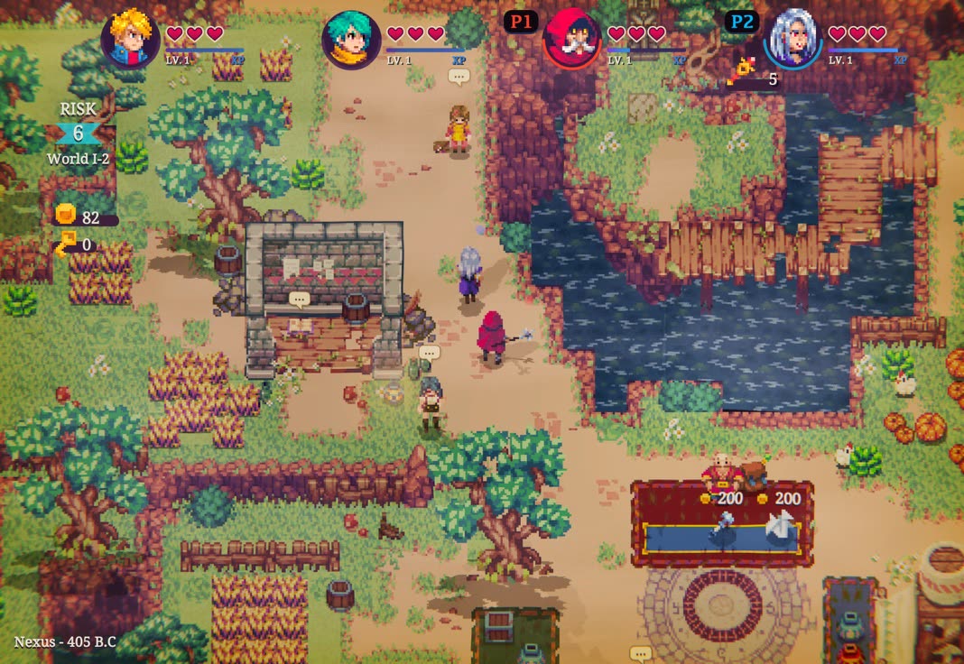 The Nexus hub village in old school top down pixel art, with a shop and a pond