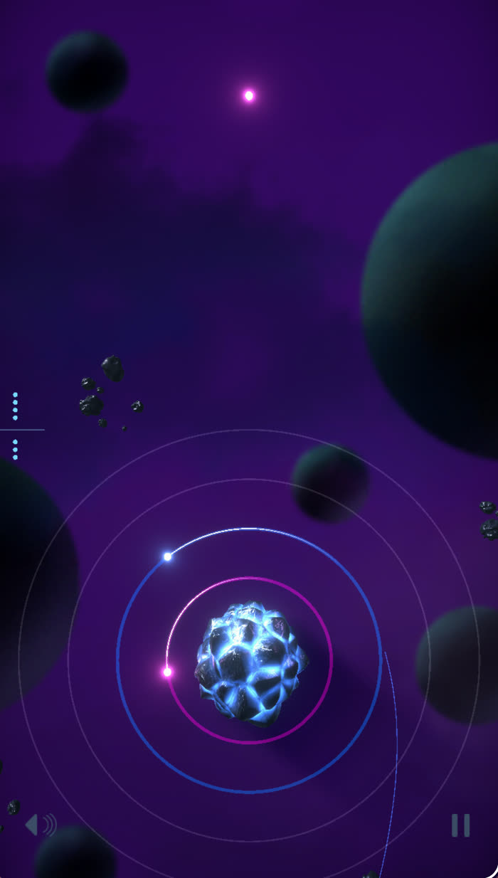 Two orbits locked around a crystal planet on a purple background