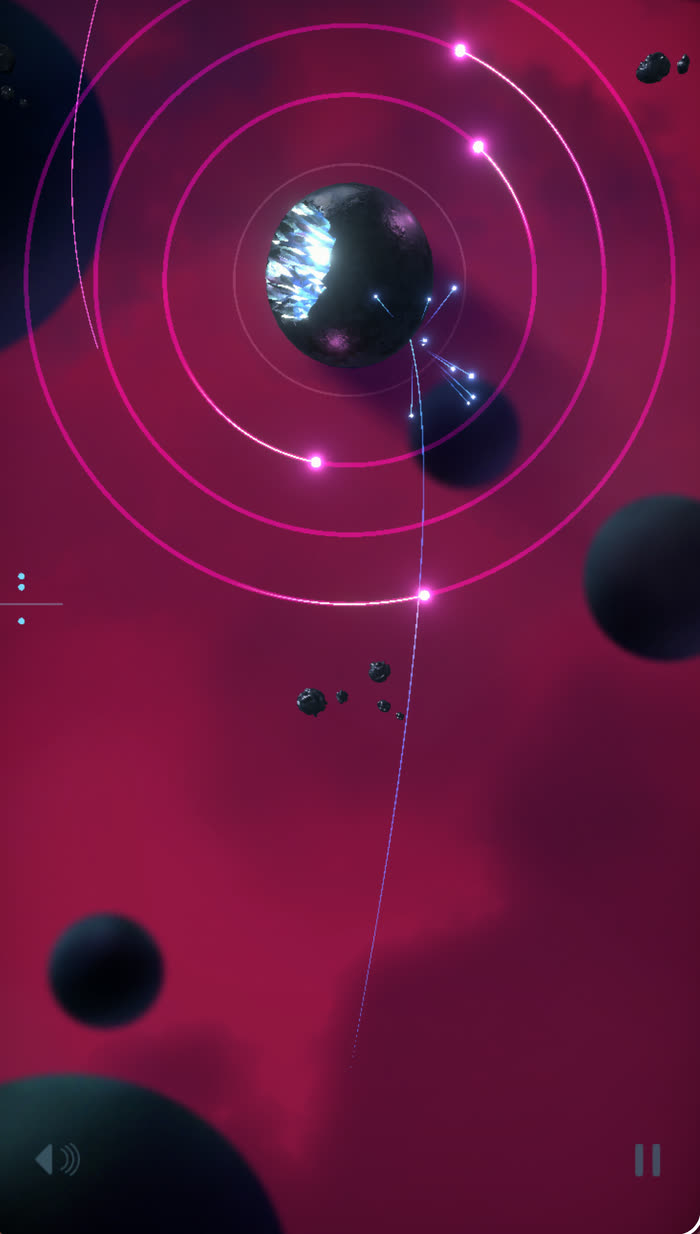Several glowing pink orbits stacked around a planet