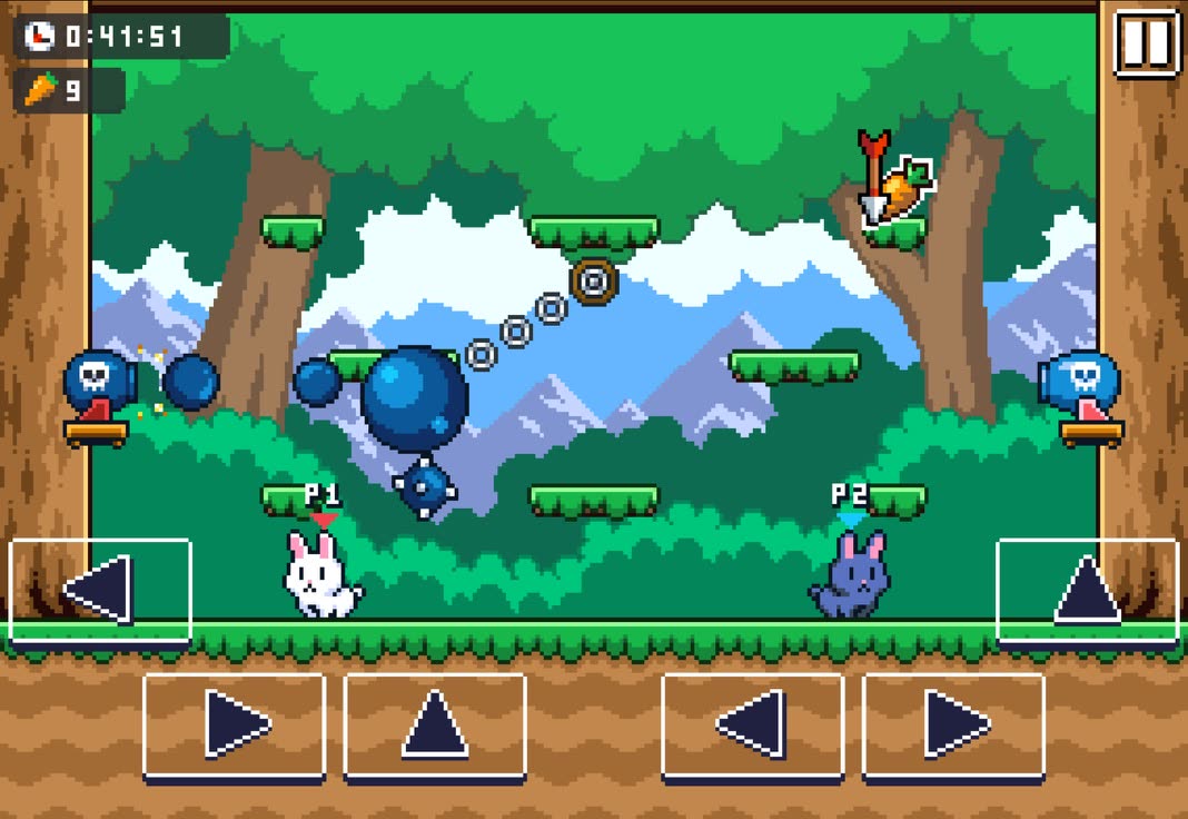 Poor Bunny! for two on one screen: a white and a blue bunny in the forest level, each player with their own arrow buttons along the bottom