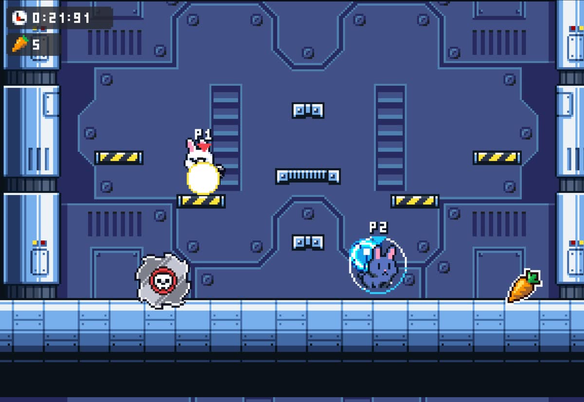 The space station level: player one dodges a saw while player two floats in a bubble after losing a life