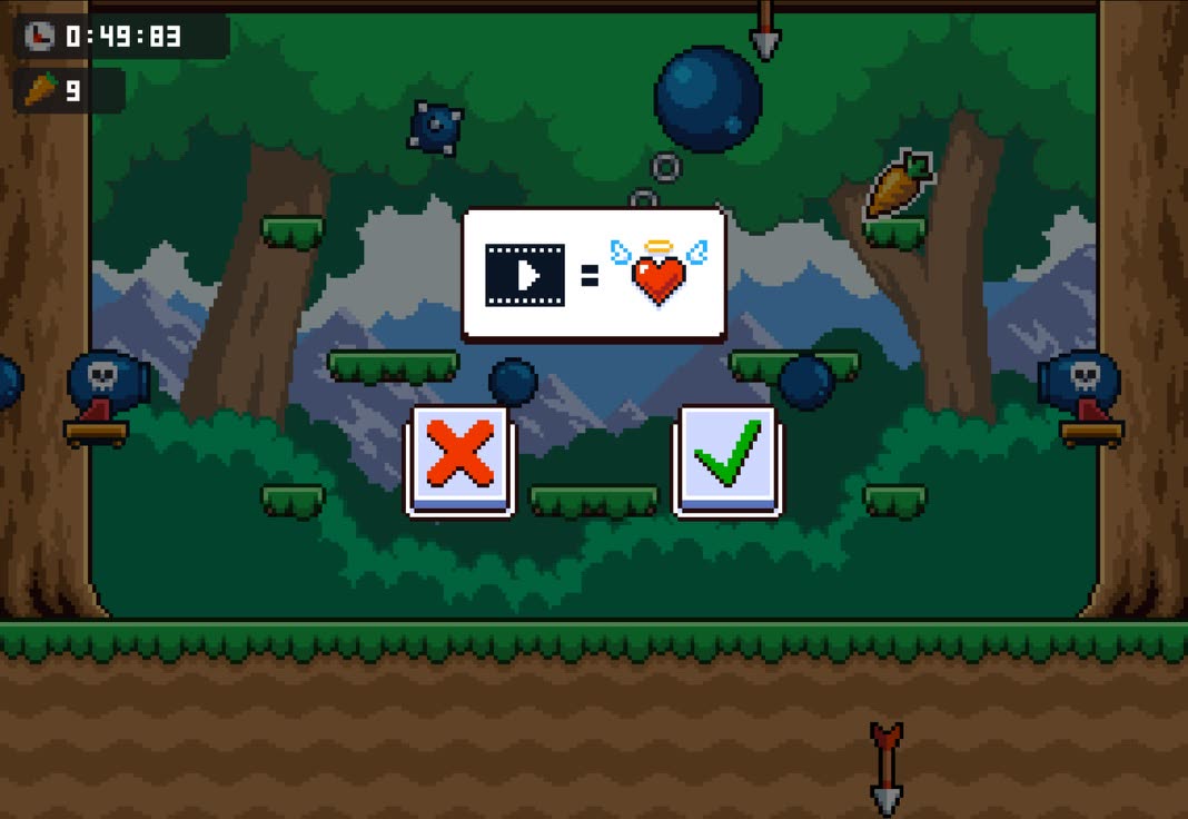 The optional offer to watch an ad for an extra life, with a clear no button