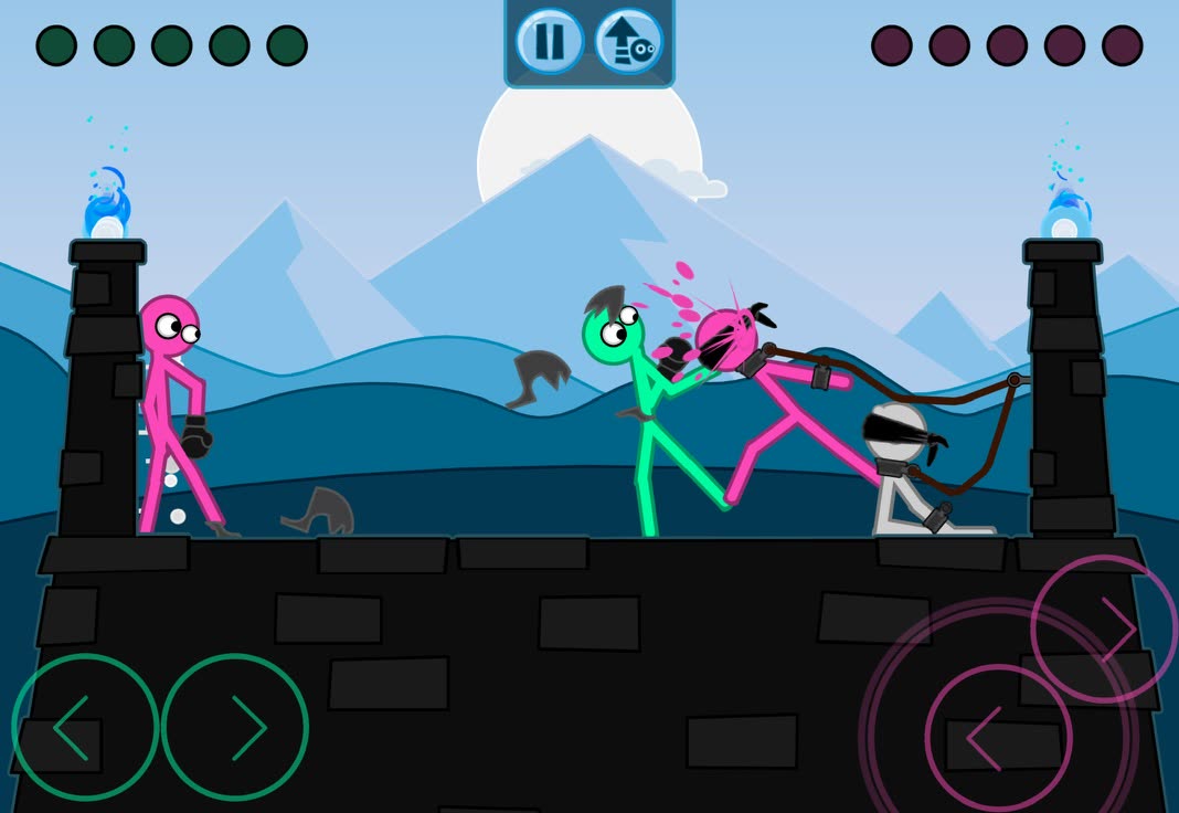 Slapstick Fighter on one screen: green and pink stick figures brawl on a castle wall, each player with their own touch buttons in a corner