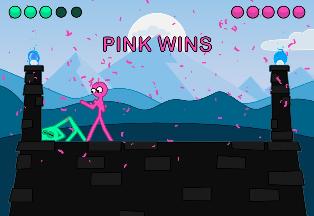 Round over: pink wins, confetti falls on the castle stage