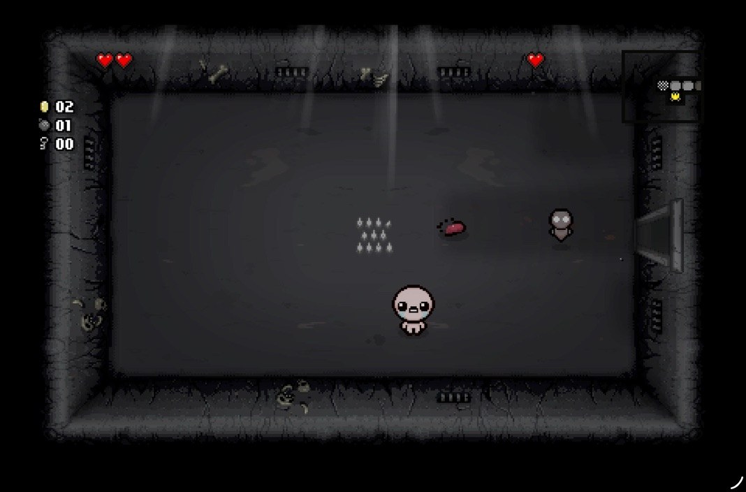 The first room of the basement: Isaac in the middle, the second player's small helper on the right with a single heart