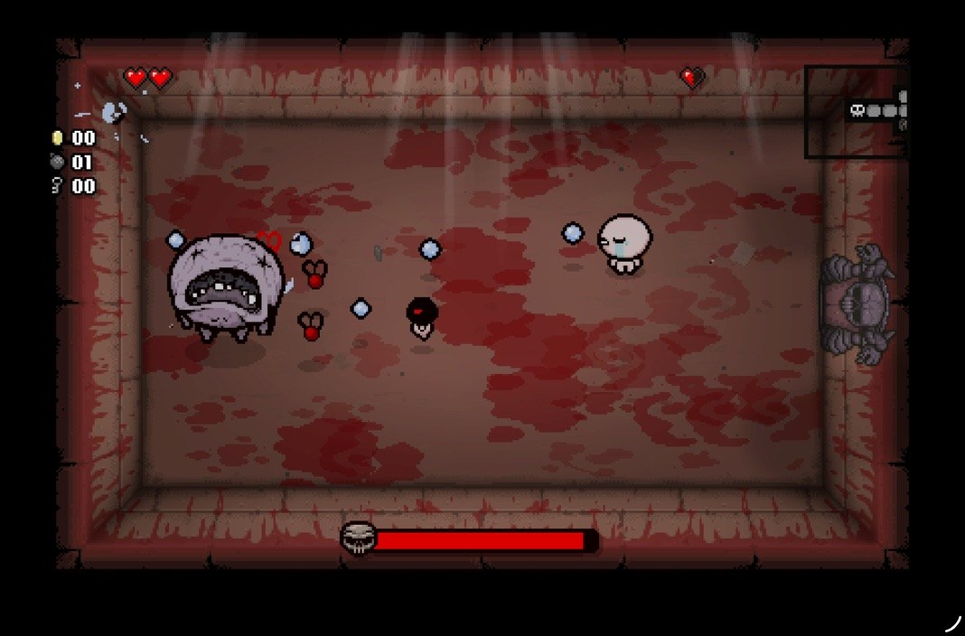 Co-op boss fight in a blood-red room: Isaac and the small dark helper shooting tears at a big grey monster