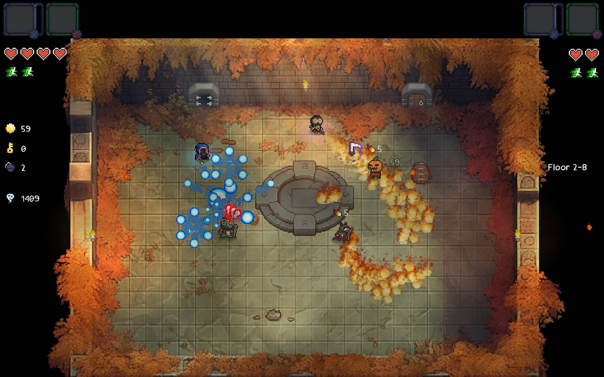 The Last Game with two players: a boss fight on floor 1-10, fire attacks crossing the room