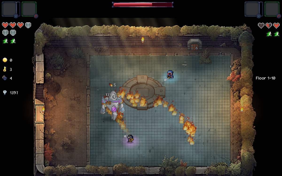 Both players in an autumn room on floor 2-8, one firing blue orbs, the other a trail of fire