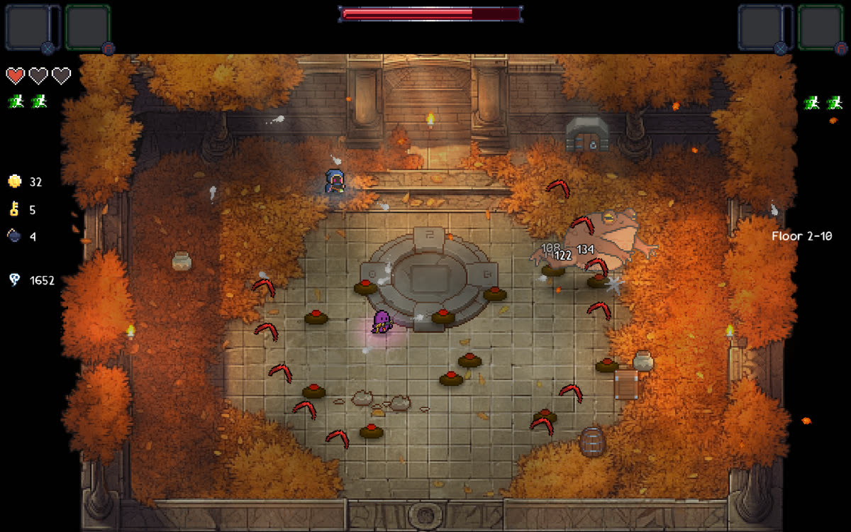 A giant toad boss on floor 2-10, red projectiles all over the floor