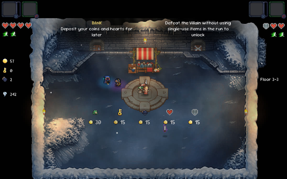 An icy shop room on floor 3-3 with a bank and items for sale