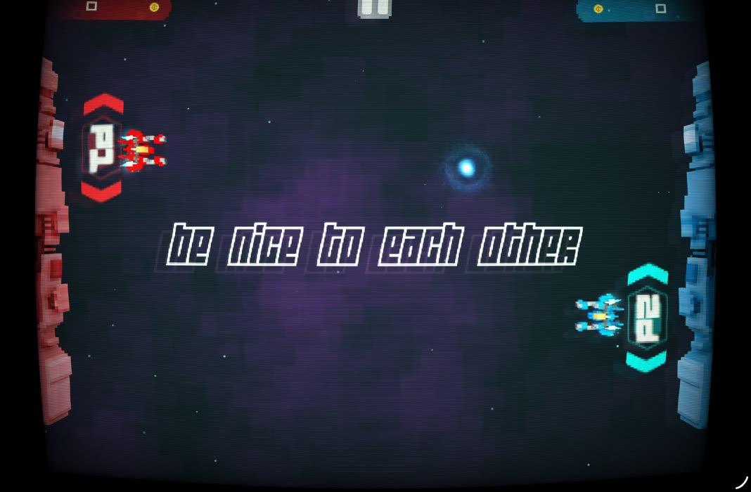 The start of a round, player one on the left and player two on the right, with the message be nice to each other