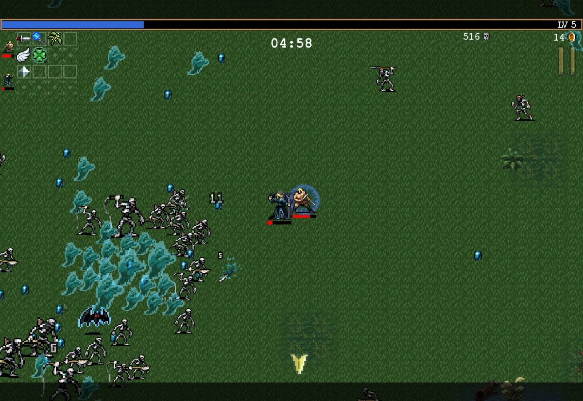Two players side by side in Vampire Survivors, a horde of skeletons and ghosts closing in from the left