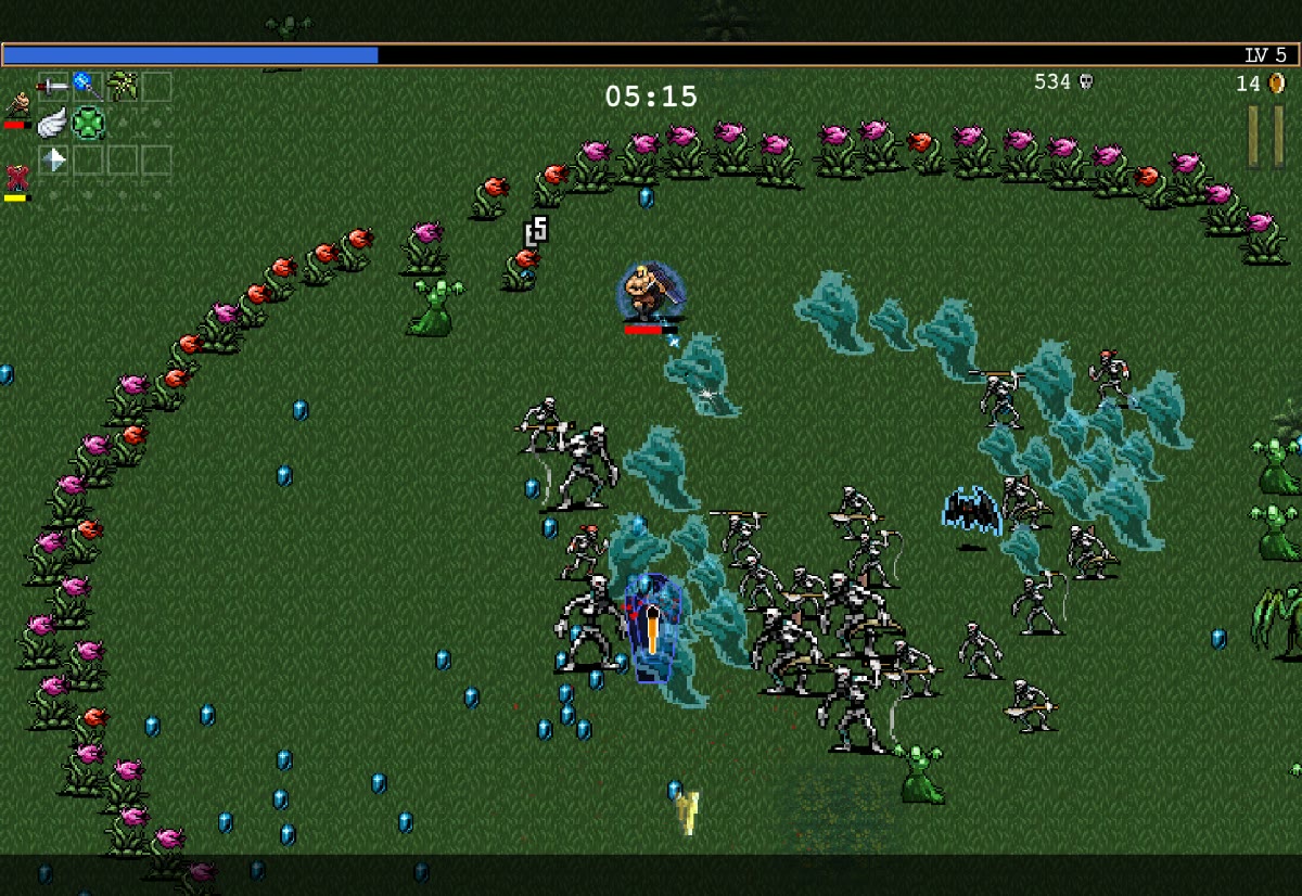 Vampire Survivors co-op on one screen: one player standing, the other knocked out in a coffin waiting to be revived, ringed by man-eating flowers