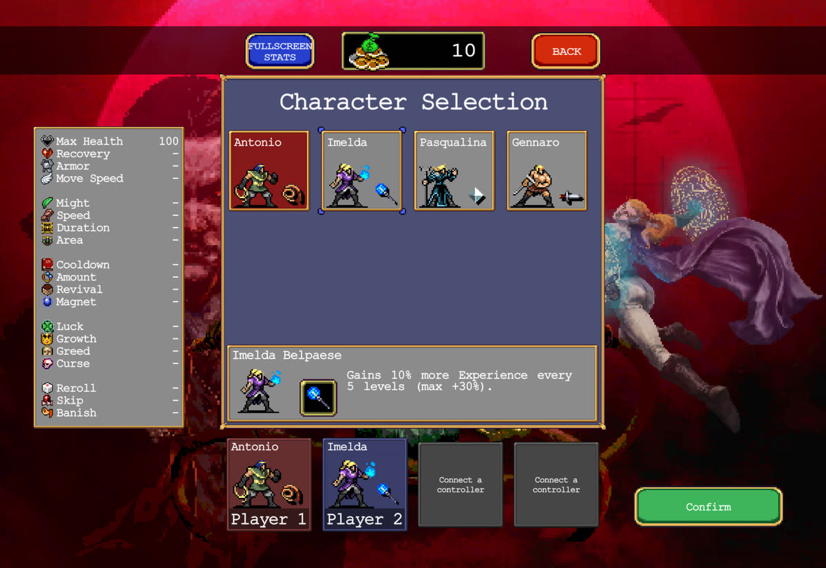 Vampire Survivors character selection with Player 1 and Player 2 slots at the bottom and two more waiting for a controller