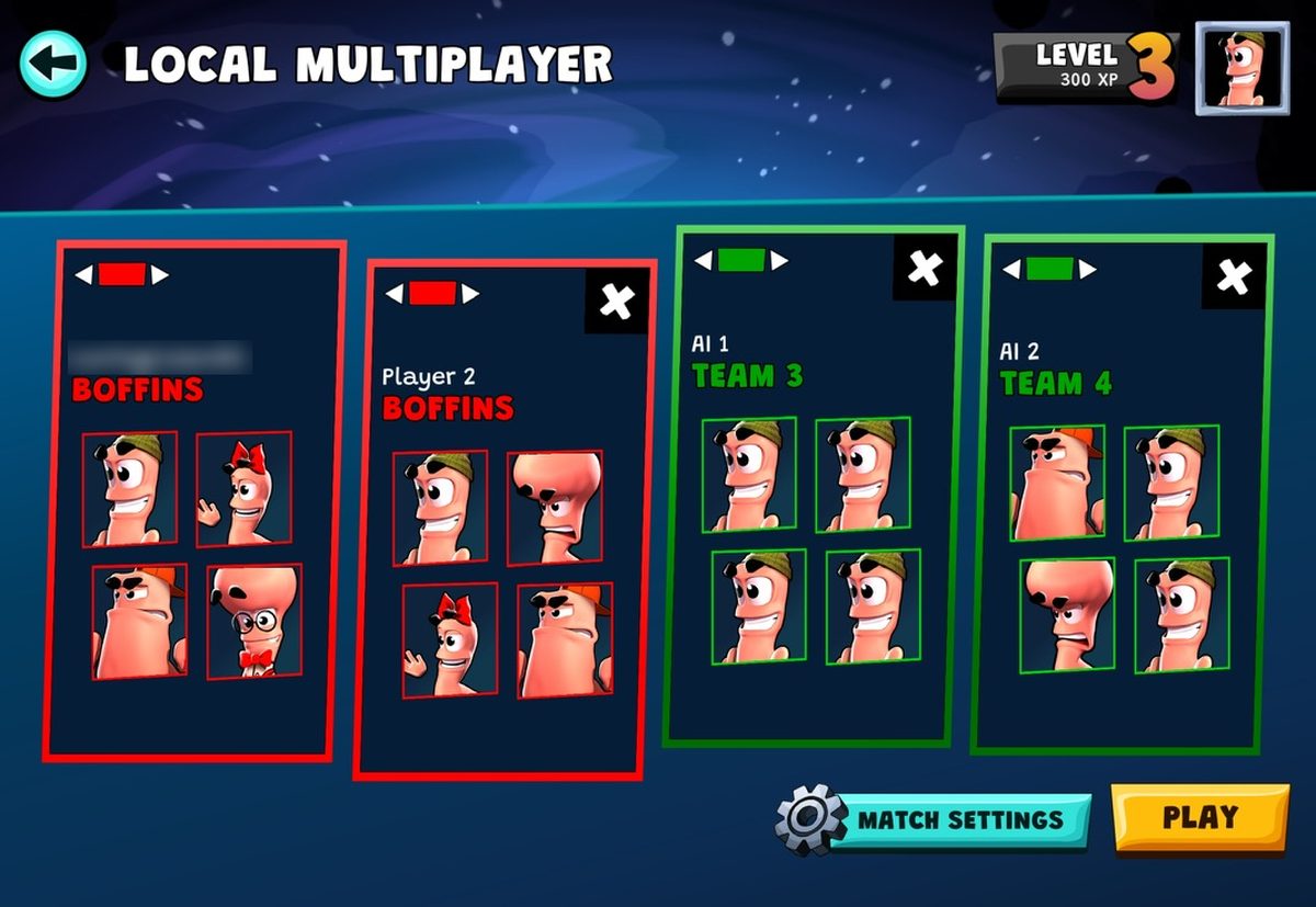 Worms Across Worlds Local Multiplayer screen with two red teams for the players and two green teams for the AI